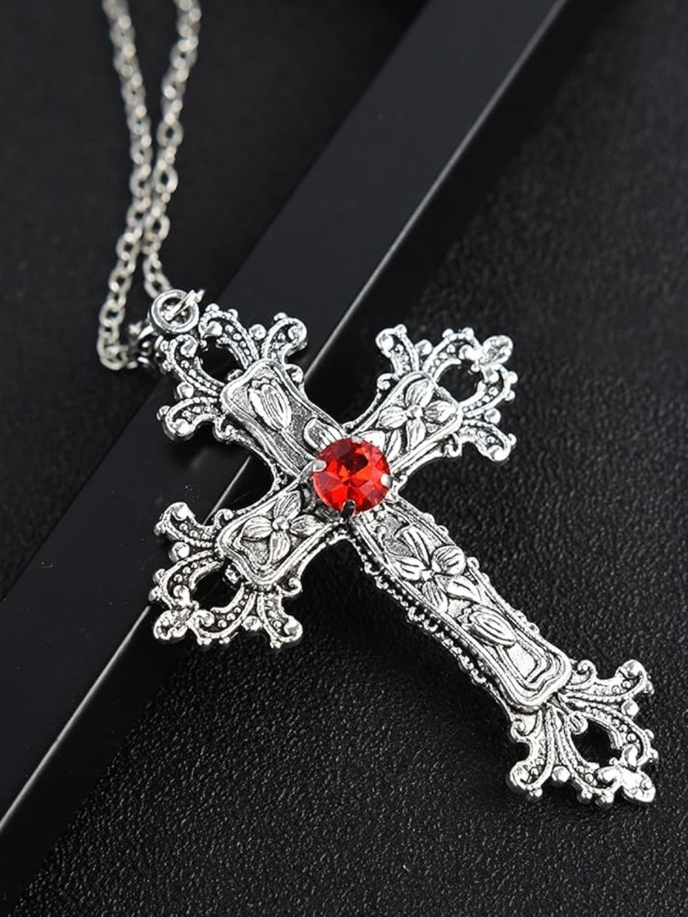 Cross Pendant Necklace with Red Center Stone